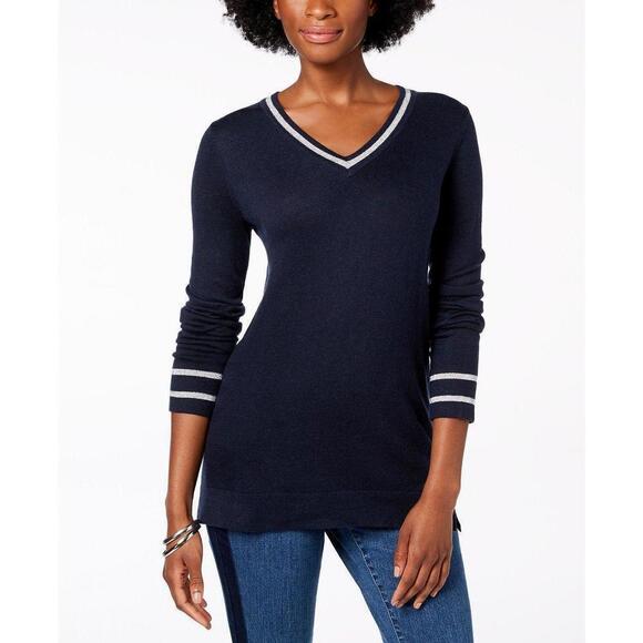 Charter Club Petite Glitter Striped-Trim Sweater - Picture 1 of 2